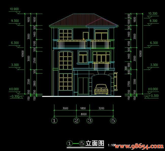 首层面积116平方米3层现代别墅设计施工图正立面图