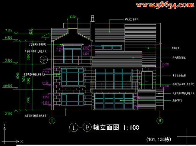 三层5室3厅4卫别墅施工图正立面图