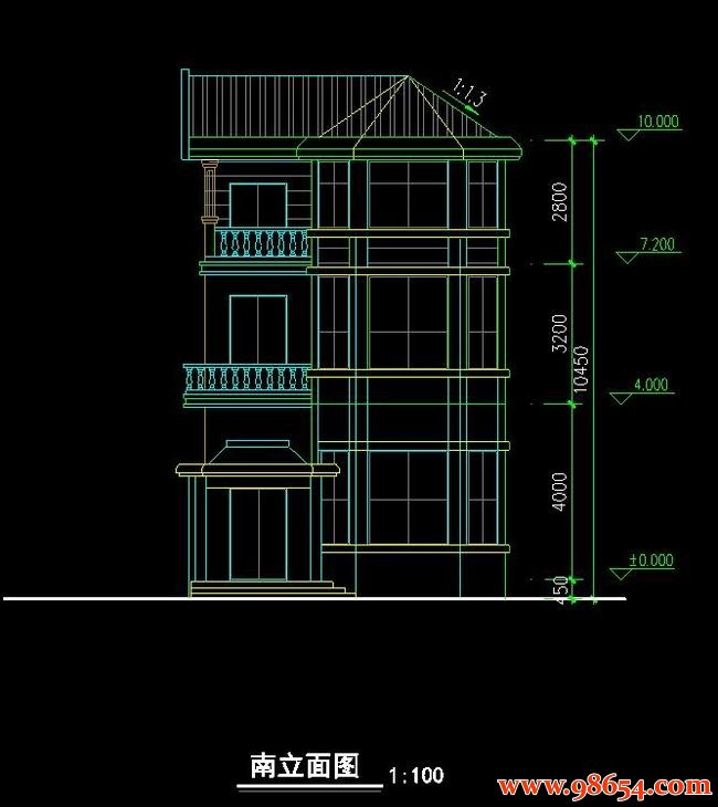 首层面积72平方米3层规划新农村小户型别墅正立面图