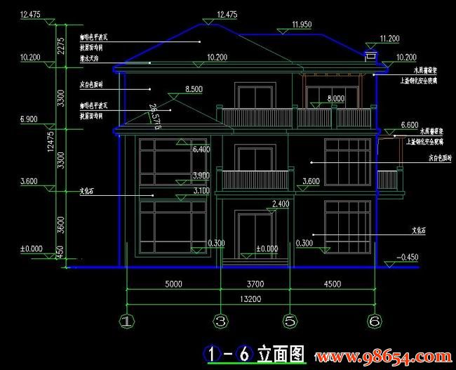 首层面积168平方米3层新农村住宅全套方案正立面图