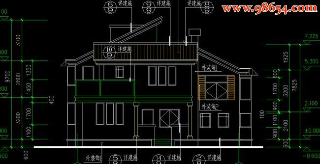 首层190平米2层别墅建筑施工图正立面图