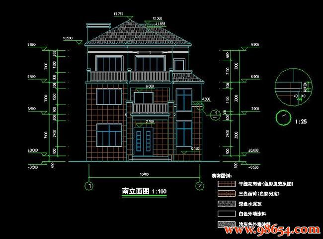 首层面积142平方米3层别墅设计施工图正立面图