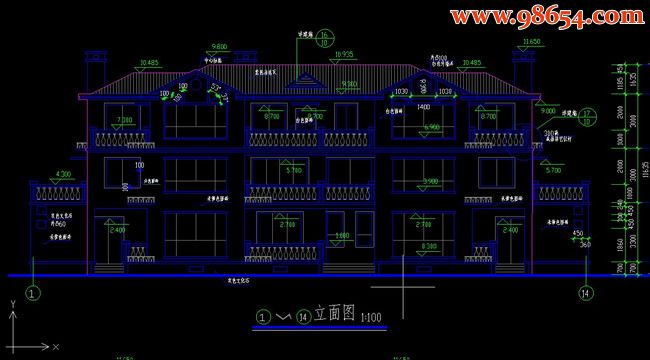 三层三联拼别墅建筑施工图正立面图