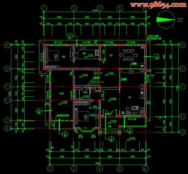 首层面积194平方米2层某别墅结构建筑施工图一楼平面图