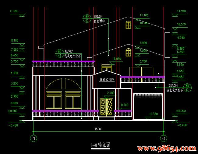 首层面积288平方米3层豪华别墅建筑施工图正立面图