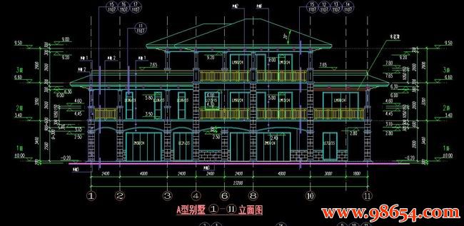 首层面积381平方米3层A型度假别墅施工图正立面图