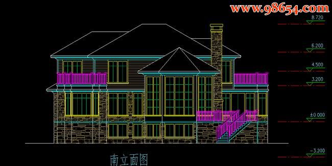 两层252平米带地下室农村别墅施工图正立面图