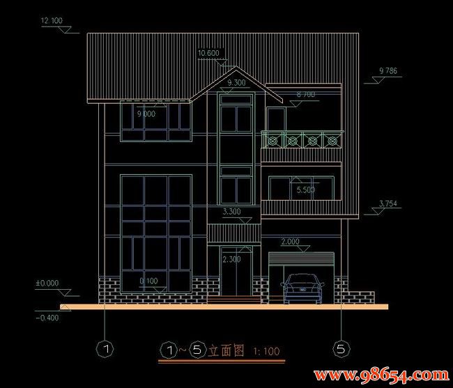 首层面积174平方米3层别墅设计施工图正立面图