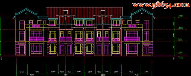 首层面积平米3层联排别墅建筑施工图正立面图