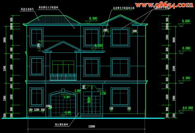 首层面积208平方米3层自建住宅施工图正立面图