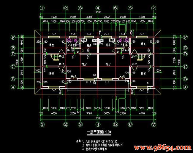 首层面积175平方米2层双拼别墅施工图一楼平面图