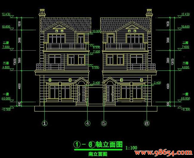 首层面积158平方米3层双联别墅建筑设计详图正立面图