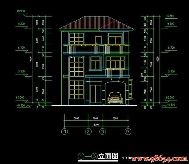 首层面积115平方米3层农村住宅设计施工图正立面图