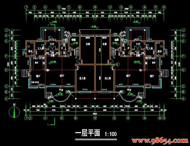 首层面积453平方米2层联体别墅设计施工图一楼平面图