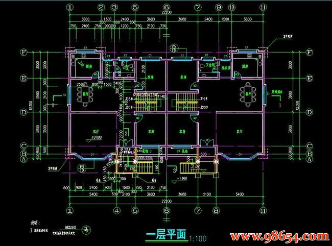 首层面积273平方米2层单套双拼别墅设计施工图一楼平面图