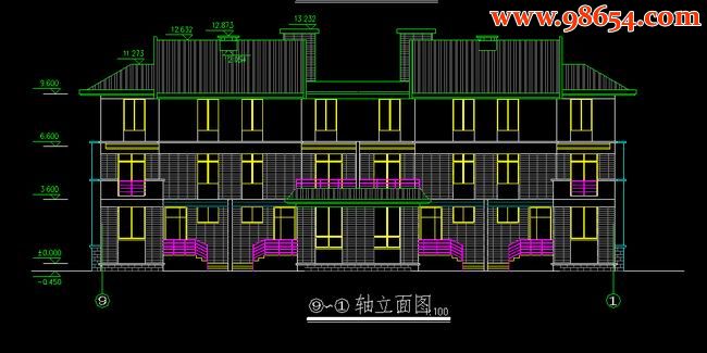 三层366平米联排别墅施工图正立面图