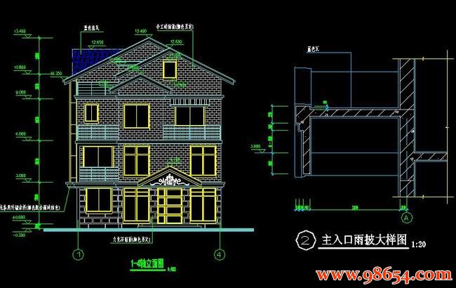 首层面积165平方米3层农村住宅设计施工图正立面图