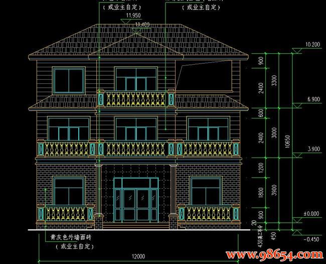 首层面积115平方米3层别墅设计施工图正立面图