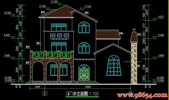 首层面积215平方米3层乡村独栋别墅设计施工图正立面图