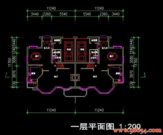 首层面积262平方米2层双拼别墅施工图一楼平面图