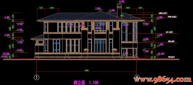 首层面积321平方米2层别墅建筑施工图正立面图