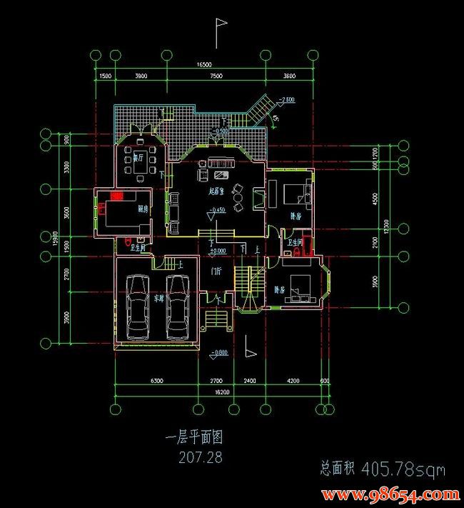 首层面积199平方米2层独栋农村小别墅施工图一楼平面图