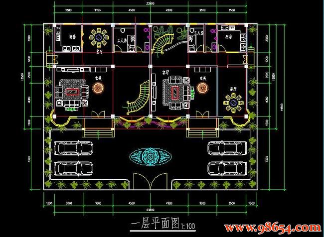 首层面积287平方米4层双拼别墅设计施工图一楼平面图