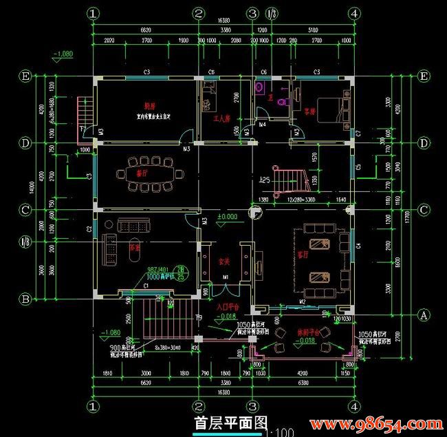 首层面积288平方米3层私人自建别墅设计施工图一楼平面图