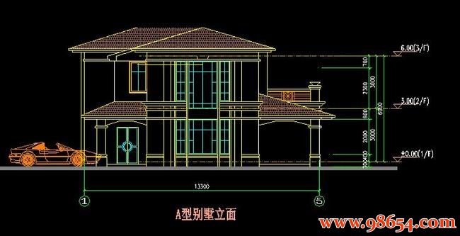 首层面积179平方米2层A型别墅CAD图纸正立面图