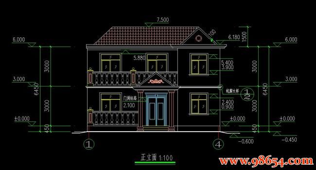 首层面积100平方米2层住宅施工图正立面图