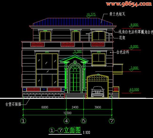 三层161平米欧美乡村别墅建施图正立面图