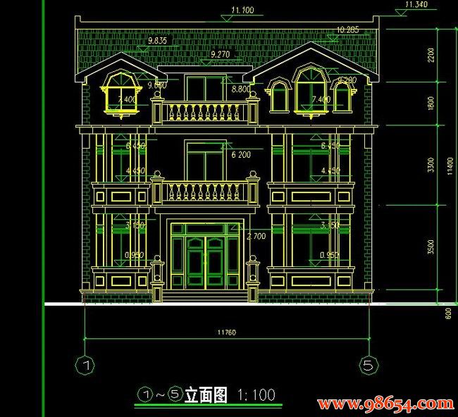 首层面积135平方米3层别墅建筑设计施工图正立面图