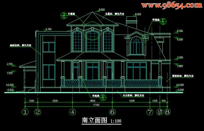 两层5室4厅4卫郊区别墅B型施工图正立面图