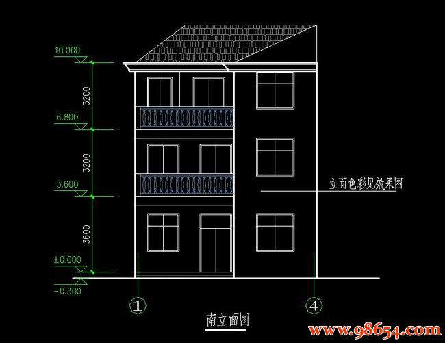 首层面积90平方米3层5室2厅3卫新农村别墅设计施工图正立面图