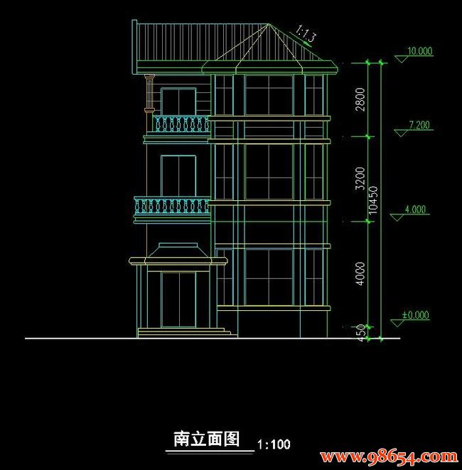 首层面积72平方米3层新农村独栋住宅方案正立面图