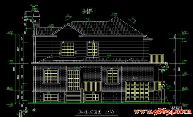 首层面积218平方米2层带地下室现代别墅施工图正立面图