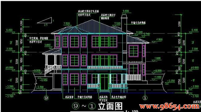 首层面积309平方米2层农村坡屋顶住宅正立面图