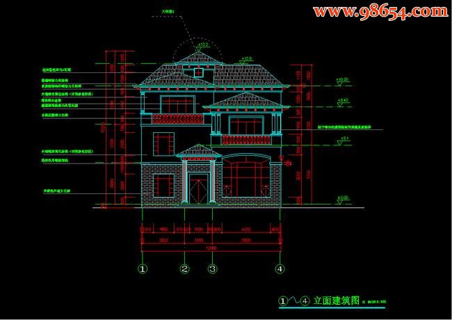 三层6室4厅6卫别墅建筑图纸正立面图