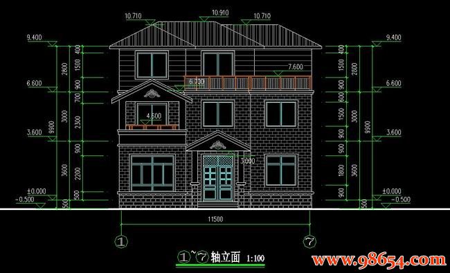 首层面积116平方米3层北方独栋别墅施工图正立面图