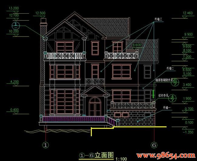 首层面积175平方米3层经典别墅全套施工图正立面图