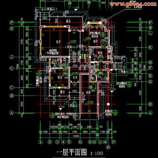 首层227平方米2层D型别墅全套建筑图一楼平面图