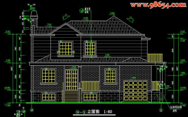 两层218平米带地下室住宅施工图正立面图