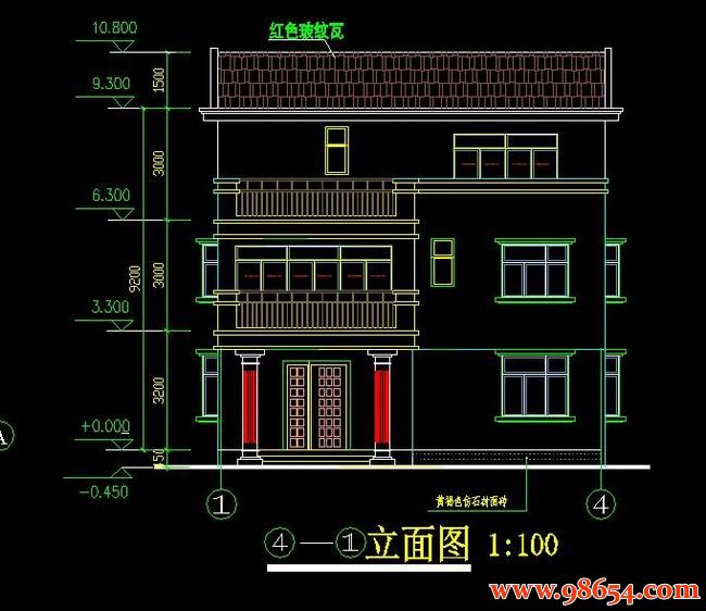 首层面积157平方米3层独栋别墅设计施工图详图正立面图