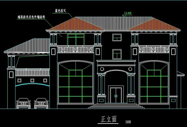 豪华G型别墅图纸正立面图