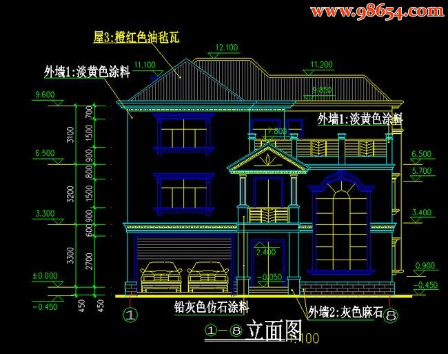 三层133平米独立A型农村别墅正立面图